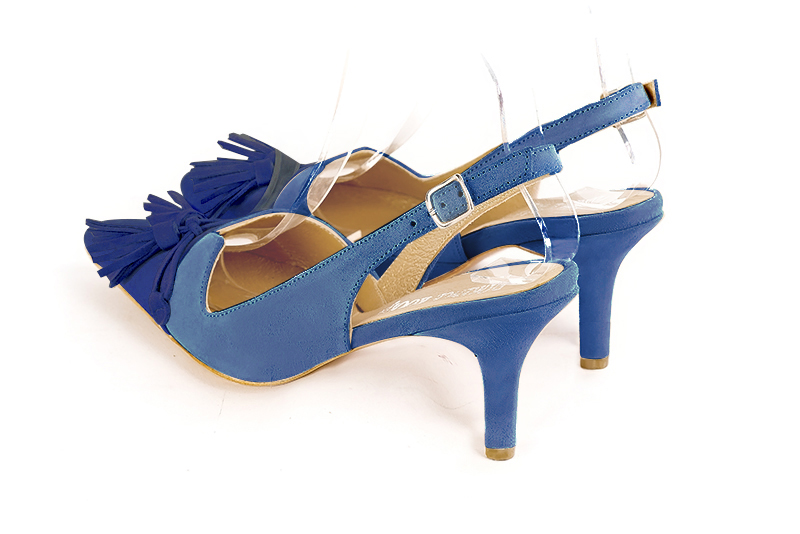 Electric blue women's open back shoes, with a knot. Tapered toe. High slim heel. Rear view - Florence KOOIJMAN